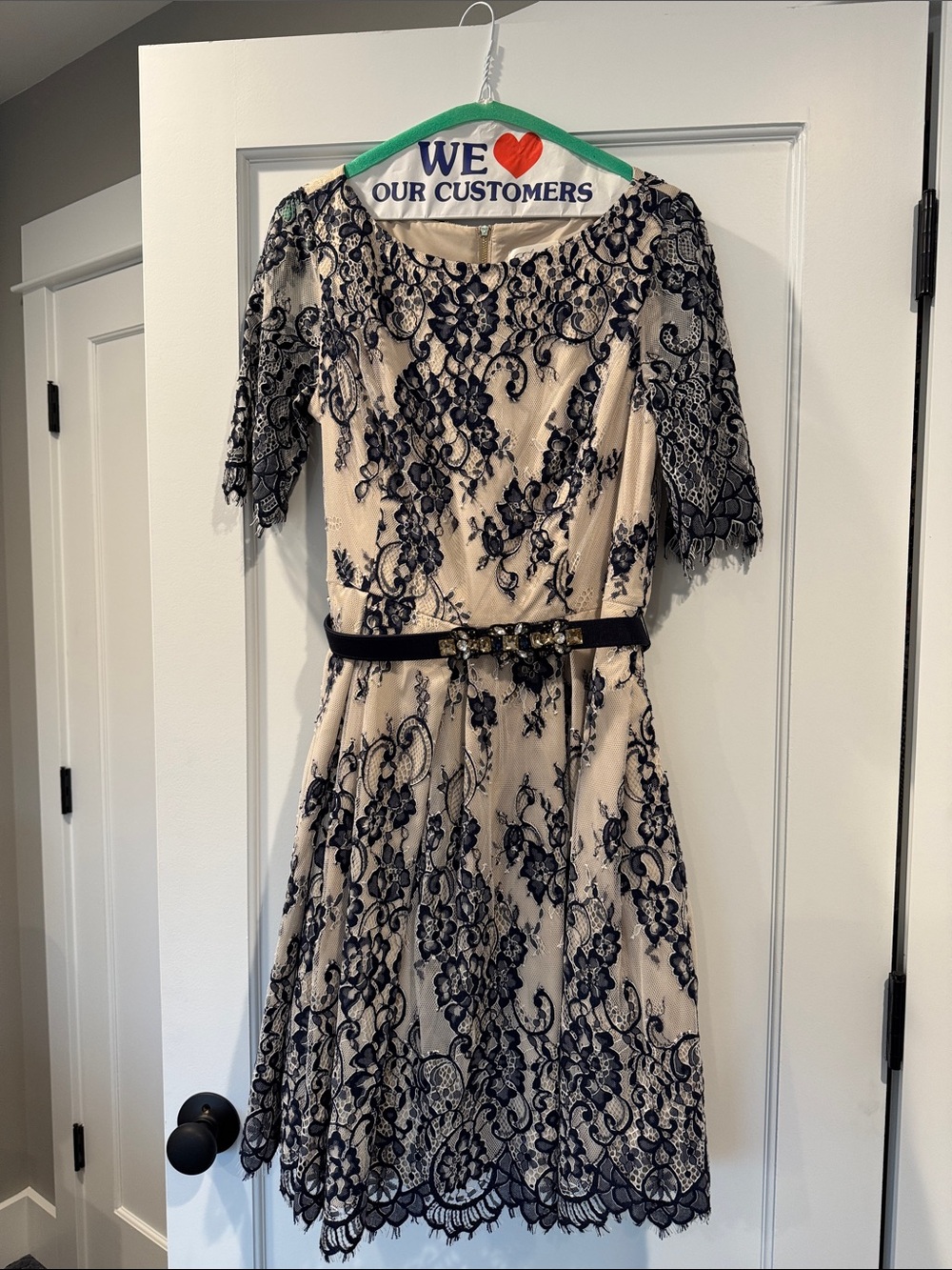 Dark Blue Lace Overlay Cream Dress with Belt